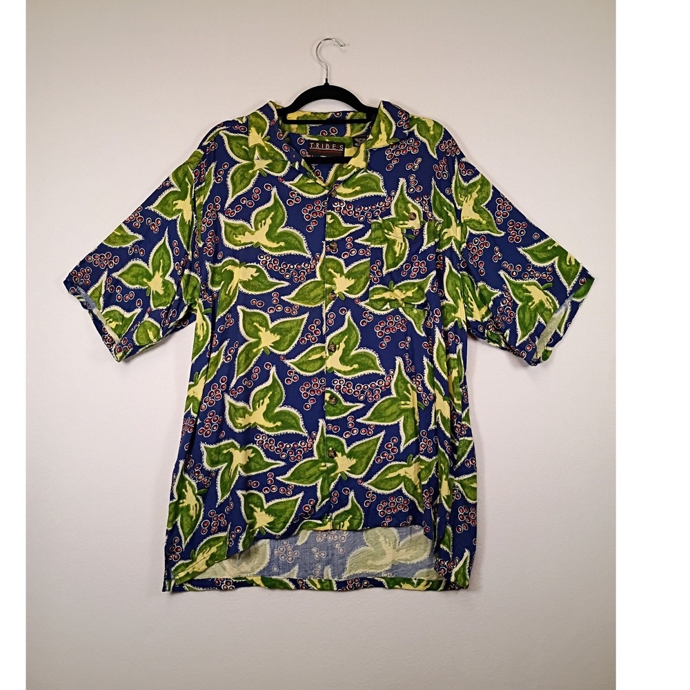 Tropical Botanical Tribes Mens XL Blue Green Rayon Short Sleeve Camp Shirt